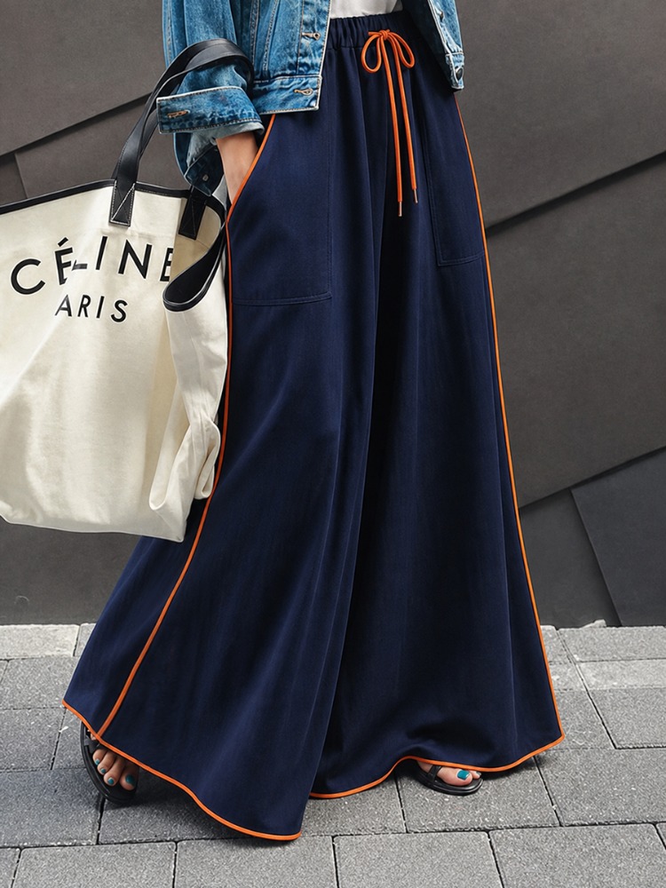 Palazzo Pant Wide - UOOZEE Damen-Hose in Marineblau mit orangefarbenen
