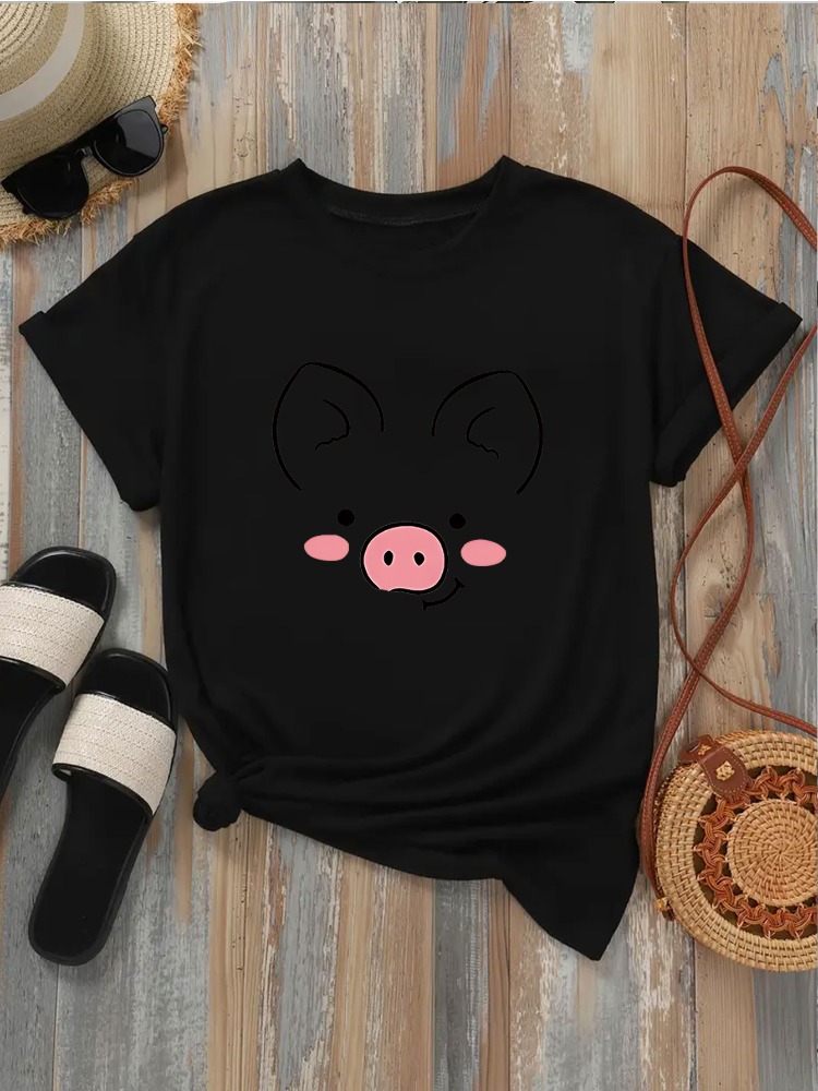 Summer Clothing Images - Damen-T-Shirt mit niedlichem Schweinchen-Gesicht und einfachen