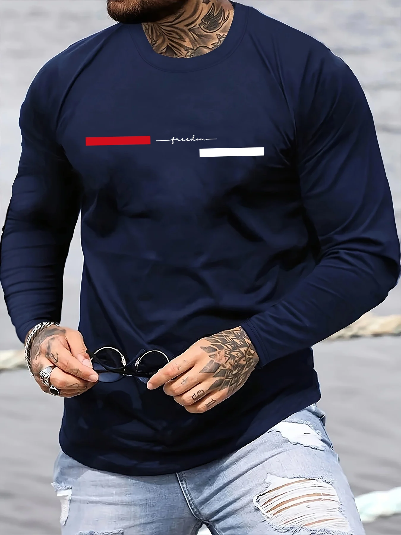 Summer Clothing Trend - Rot-schwarzes Line Herren-T-Shirt mit langen Ärmeln,