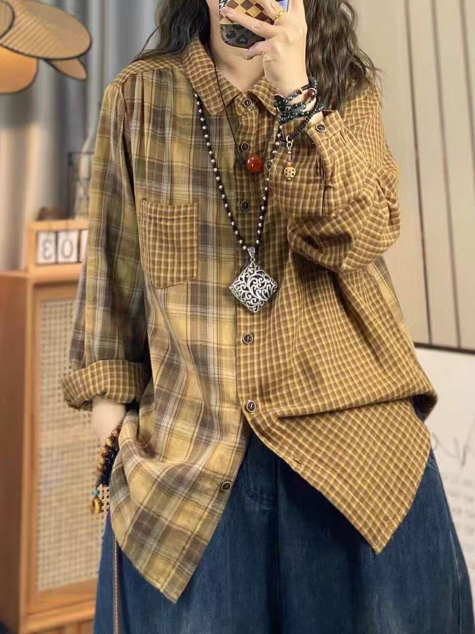 Summer Clothing Yarn - 2026 Damen-Herbstmode Japanische Mode Baumwollgarn Damen-Karo-Hemden