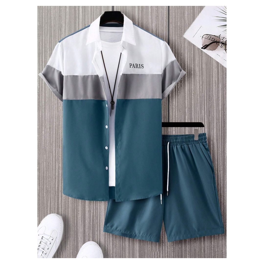 Summer Clothing Trend - Herrenmode-Anzug, blau-weiß patchworkfarben, einreihig, kurzärmeliges Revershemd
